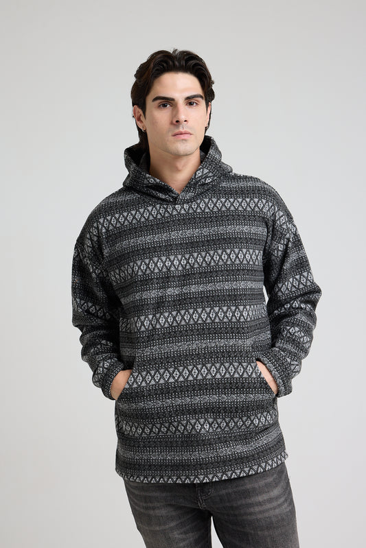 Patterned wool hoodie dark grey