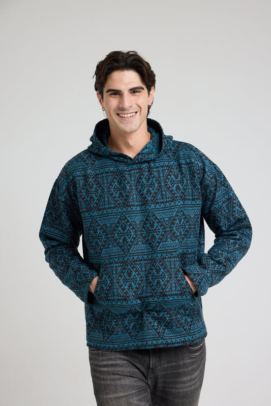 Pattern wool hoodie teal & black